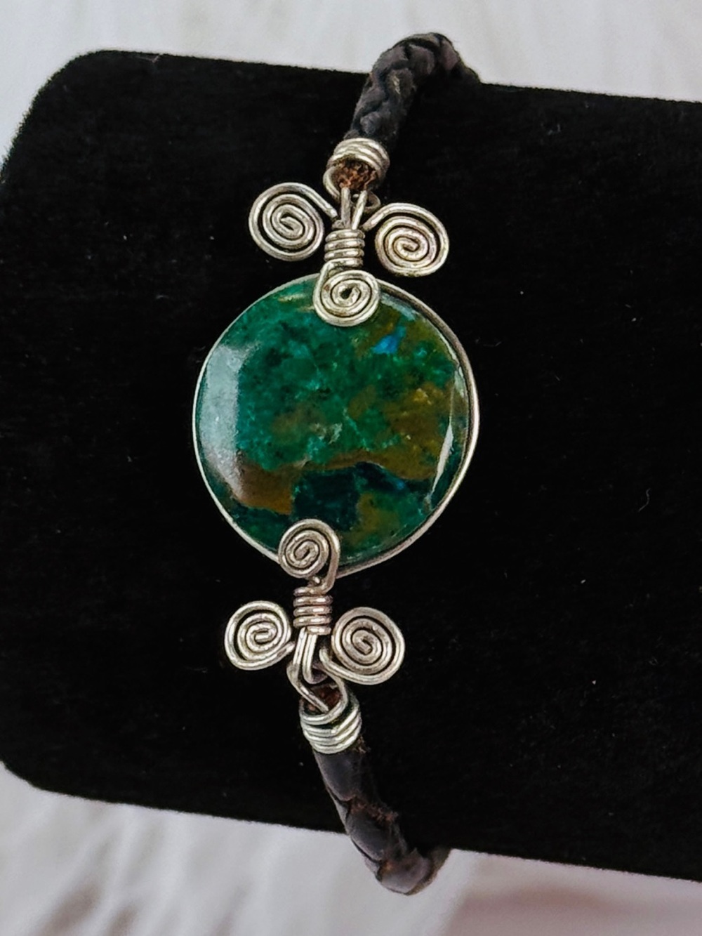 Vintage Artisan Leather Bracelet Wire Wrapped Green Cabochon Boho Rustic